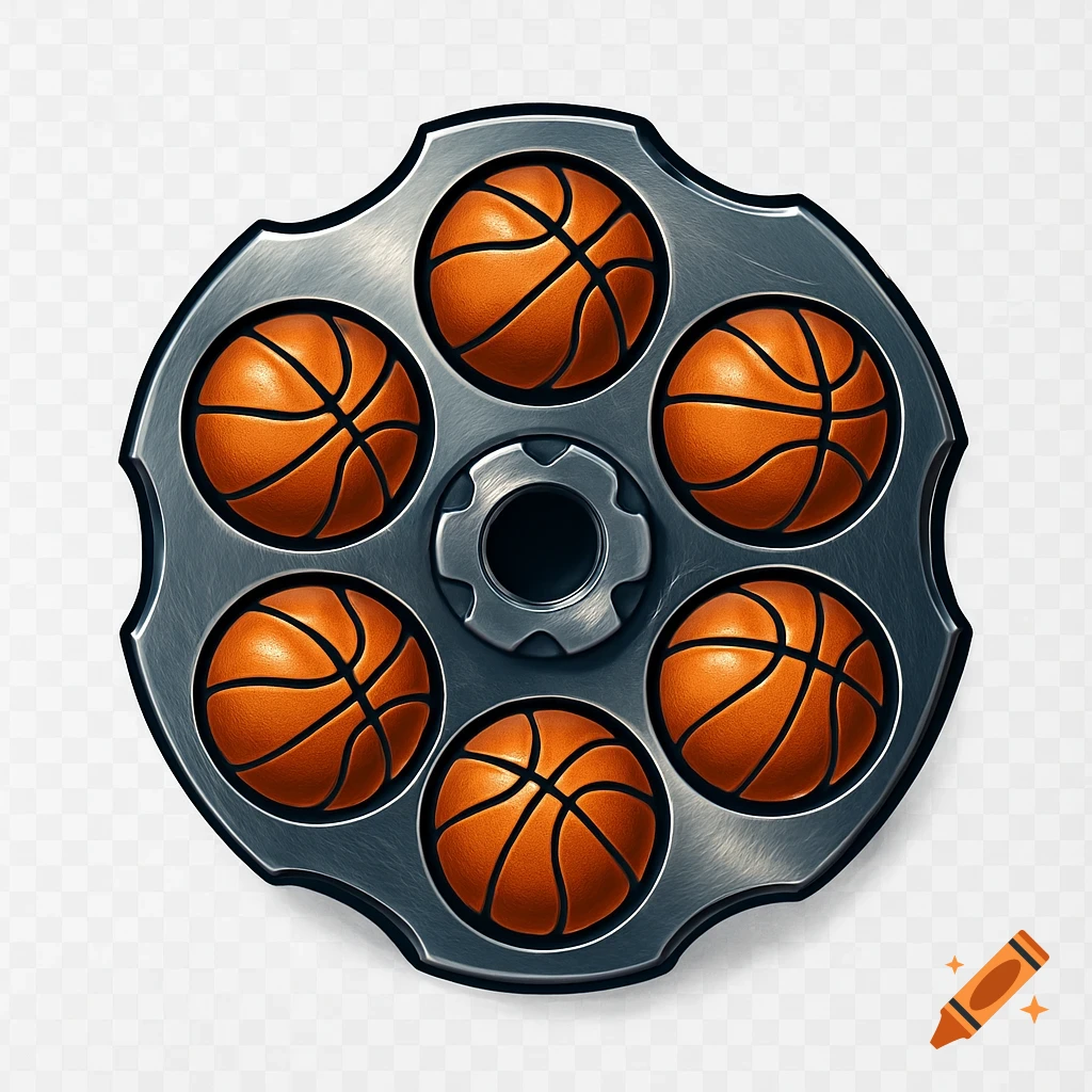 A stylized top-down view of a metallic revolver chamber with six orange basketballs instead of bullets on a transparent background.