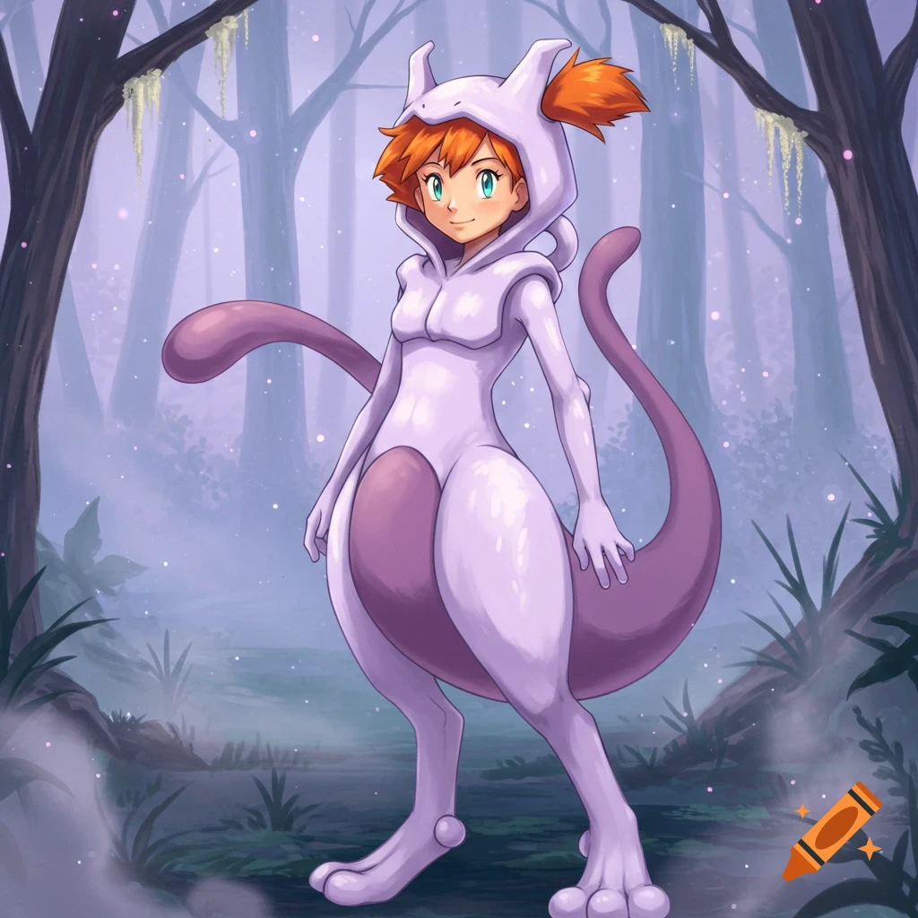 Misty from Pokemon in a purple Mewtwo costume, standing in a misty forest. Anime style.