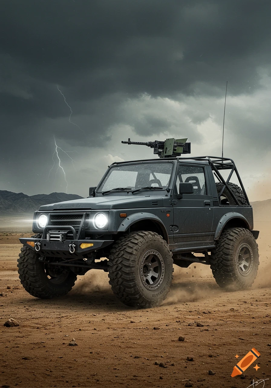 A dark grey militarized Suzuki Samurai with a roof-mounted machine gun drives through a dusty desert under a stormy sky with lightning.
