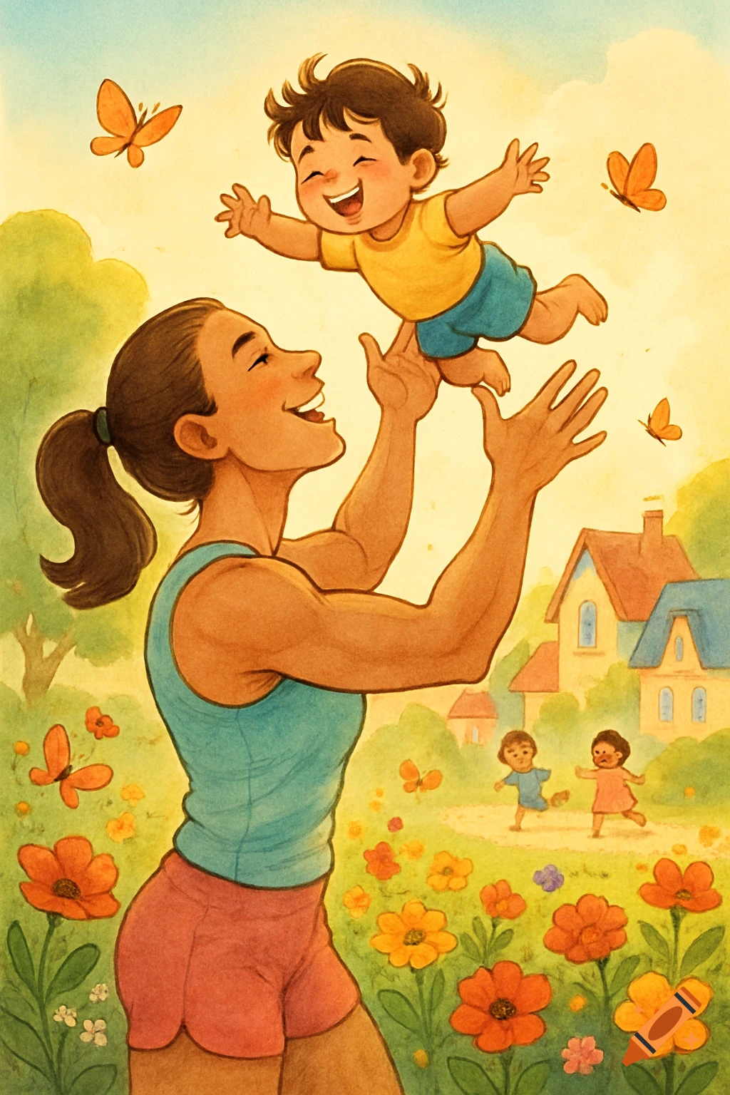 Watercolor illustration of a smiling muscular mother lifting her laughing child in a sunny park with flowers and butterflies.