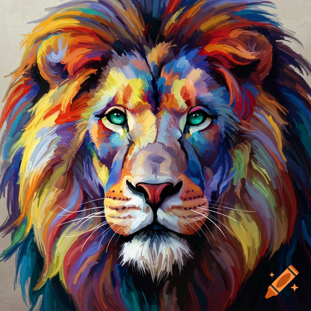 Close-up of a lion's head painted in vibrant, swirling colors, resembling a brushstroke artwork.