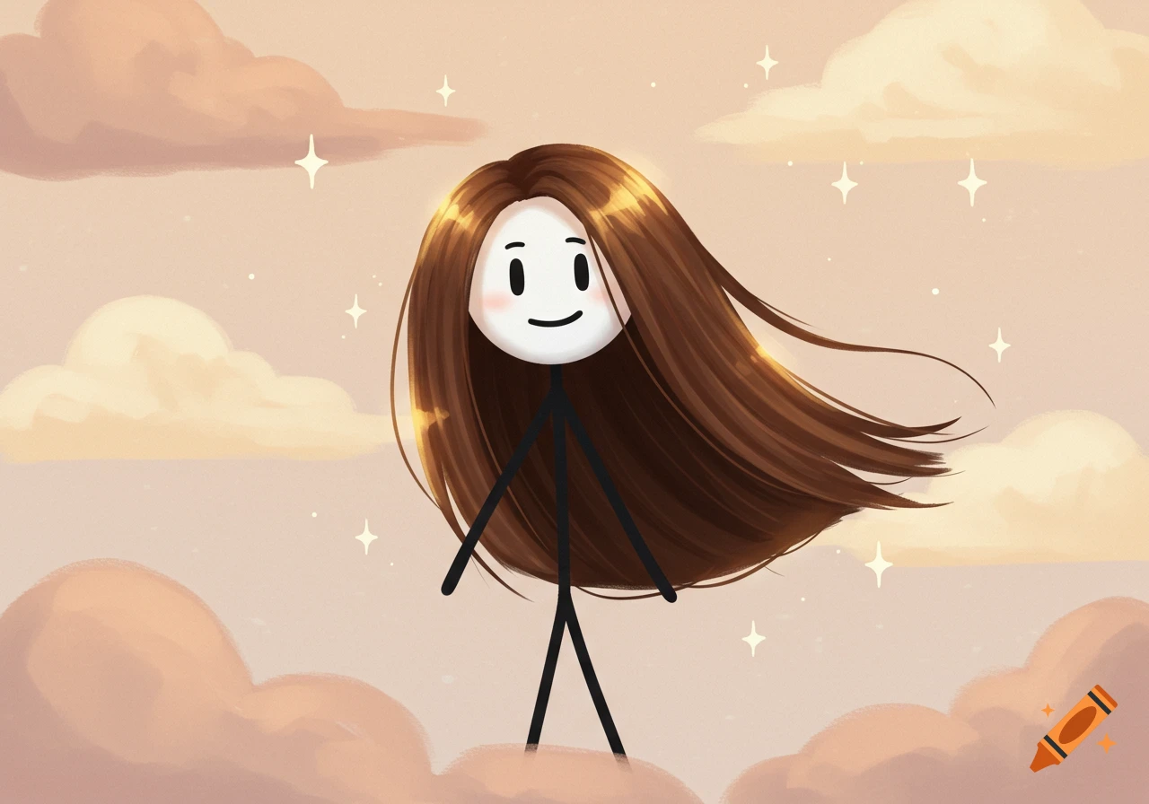 A cartoon stick figure with a white head and long brown hair stands among pink and white clouds with sparkling stars.