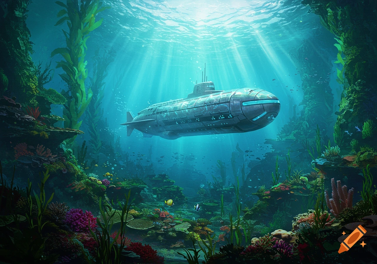 A detailed submarine cruises through a vibrant underwater kelp forest and coral reef, with sunbeams piercing the clear blue water.