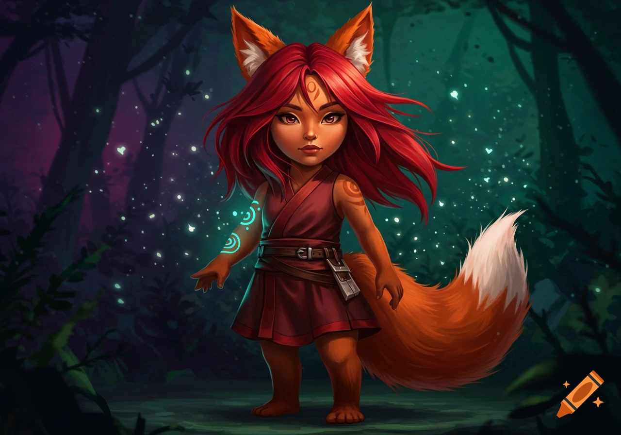 A cute, stylized fox-eared girl with red hair, tan skin, and a glowing magical emblem on her arm stands in a dark, glowing forest.