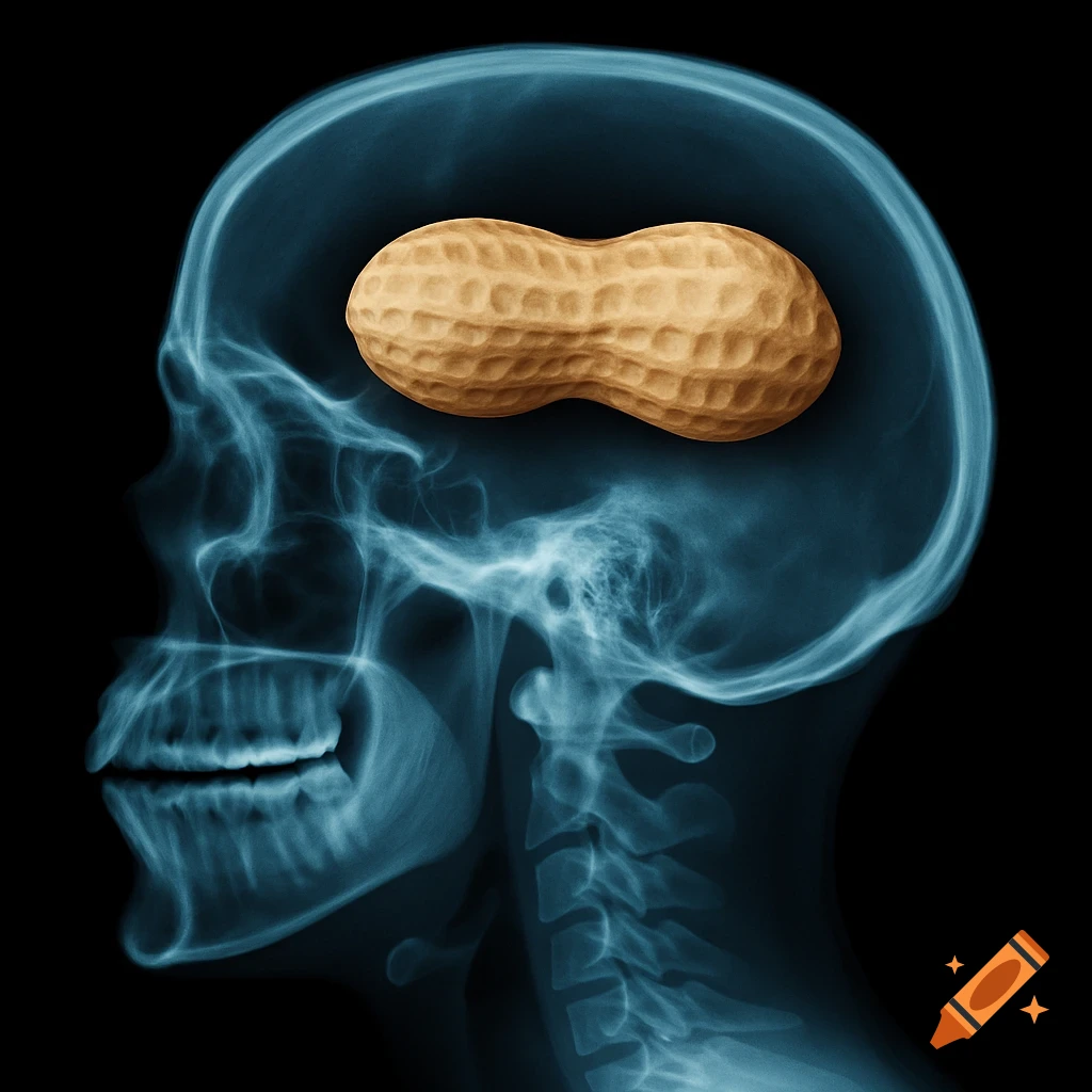 X-ray of a human head with a peanut replacing the brain, in a conceptual, photorealistic style.