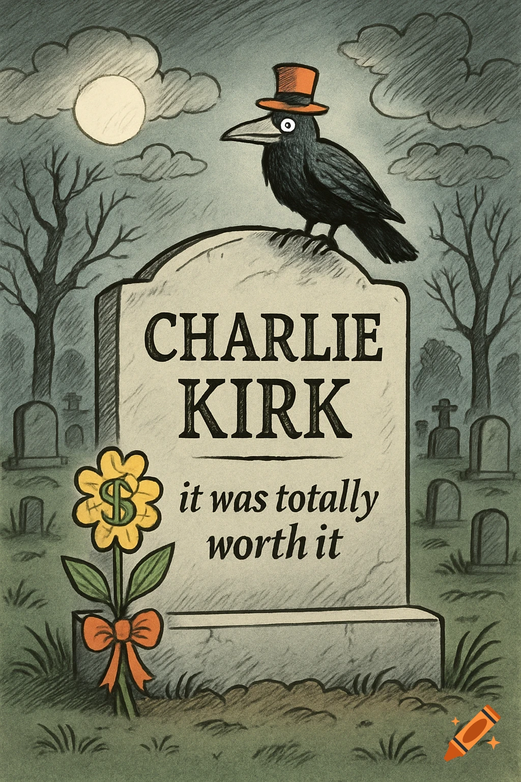 Cartoon: A crow in a top hat on a tombstone for Charlie Kirk, with 'it was totally worth it' and a dollar-sign flower in a moonlit graveyard.