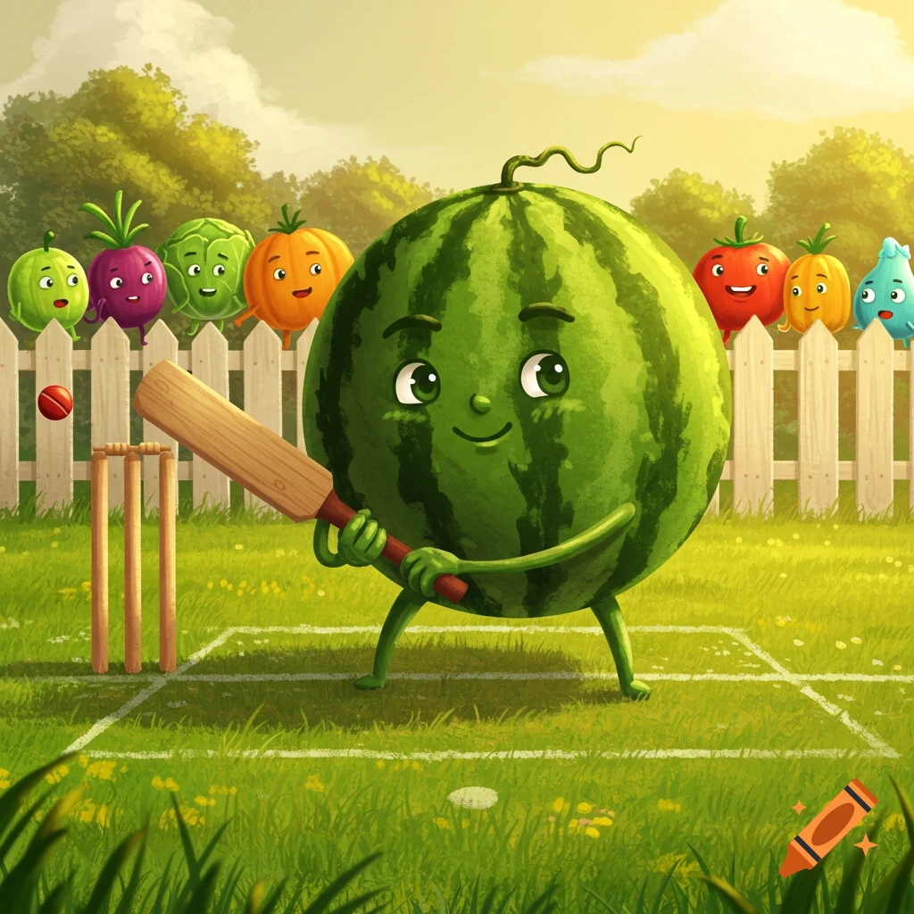 A cartoon watermelon character plays cricket on a grassy field, holding a bat with other smiling vegetables watching.