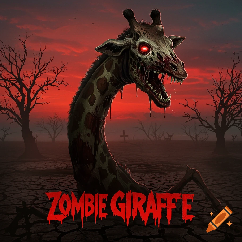 A stylized zombie giraffe with red eyes and fangs in a desolate, red-skied landscape. Text: 'ZOMBIE GIRAFFE'.