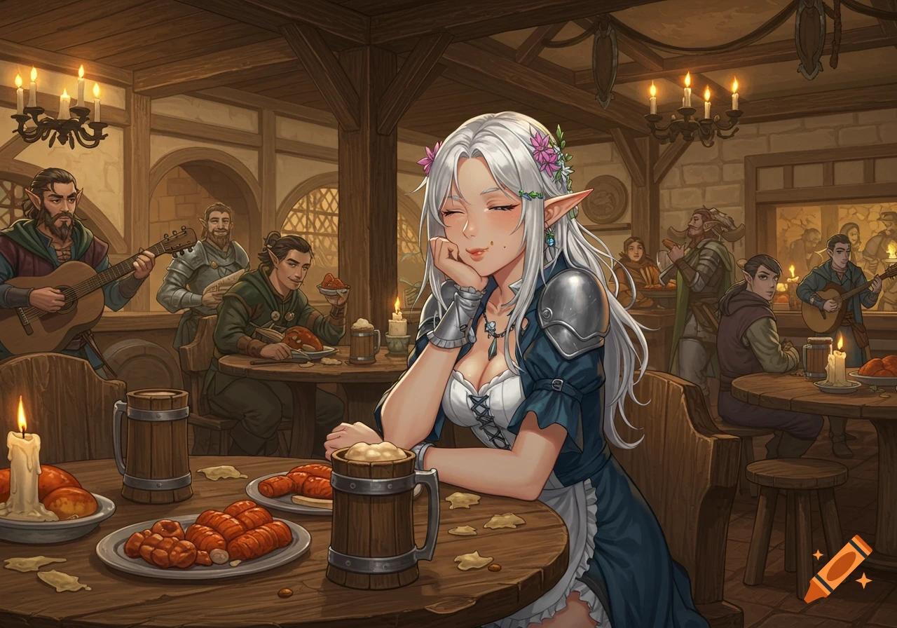 An anime-style elf barmaid smiles, leaning on a table laden with food and drinks in a lively fantasy tavern.