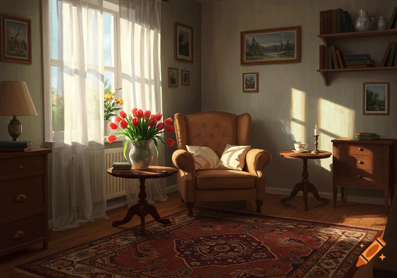 A cozy, sunlit room with a brown armchair, a vase of red tulips, and wooden furniture under a window with sheer curtains.