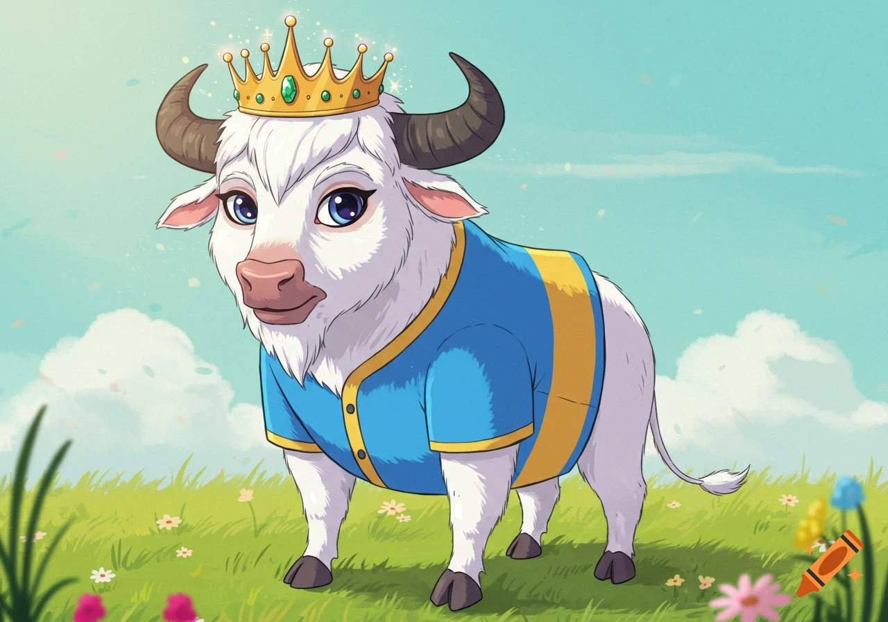 Cartoon white buffalo wearing a gold queen crown and a blue and yellow jersey, standing in a grassy field.
