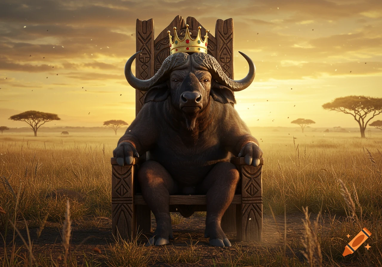 A majestic king buffalo wearing a golden crown sits on a carved wooden throne in a sunlit savanna.