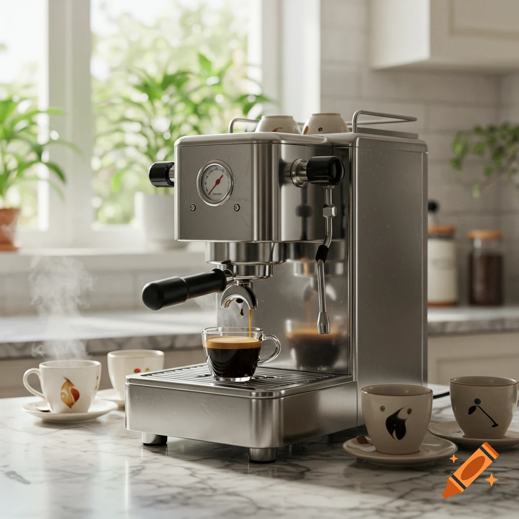Photorealistic chrome espresso machine brewing coffee into a clear cup on a marble kitchen counter with plants.
