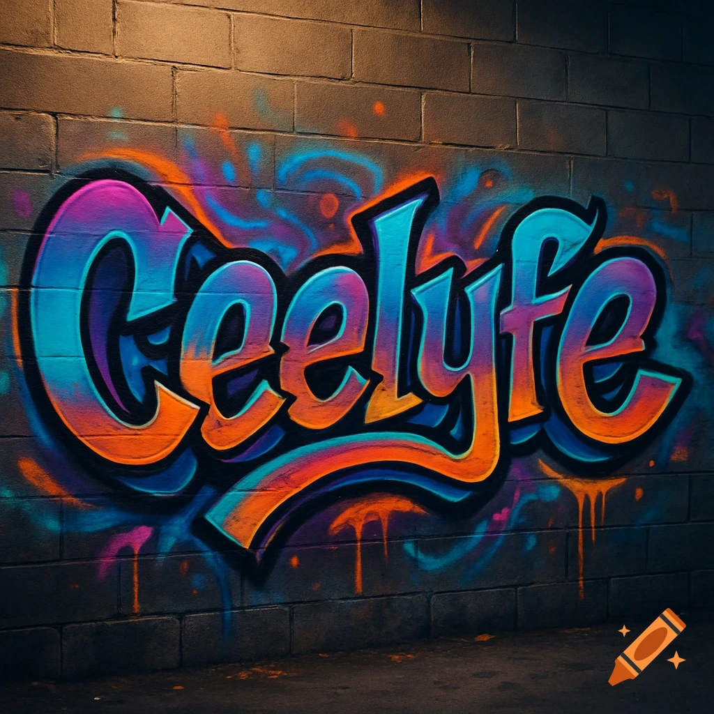 Vibrant graffiti art spelling 'Ceelyfe' in blue, purple, and orange on a textured brick wall.