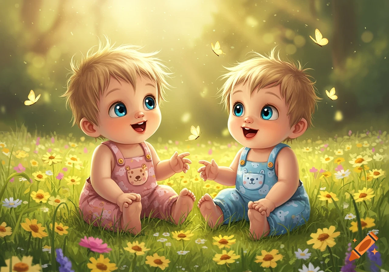 Two cheerful cartoon babies with blue eyes sit in a sunny field of yellow and purple flowers, with butterflies fluttering around them.