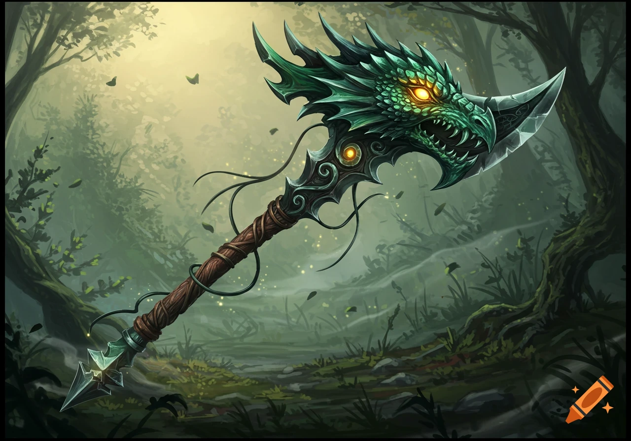 A fantasy morningstar weapon with a green dragon head, glowing eyes, and a sharp blade, in a misty forest.