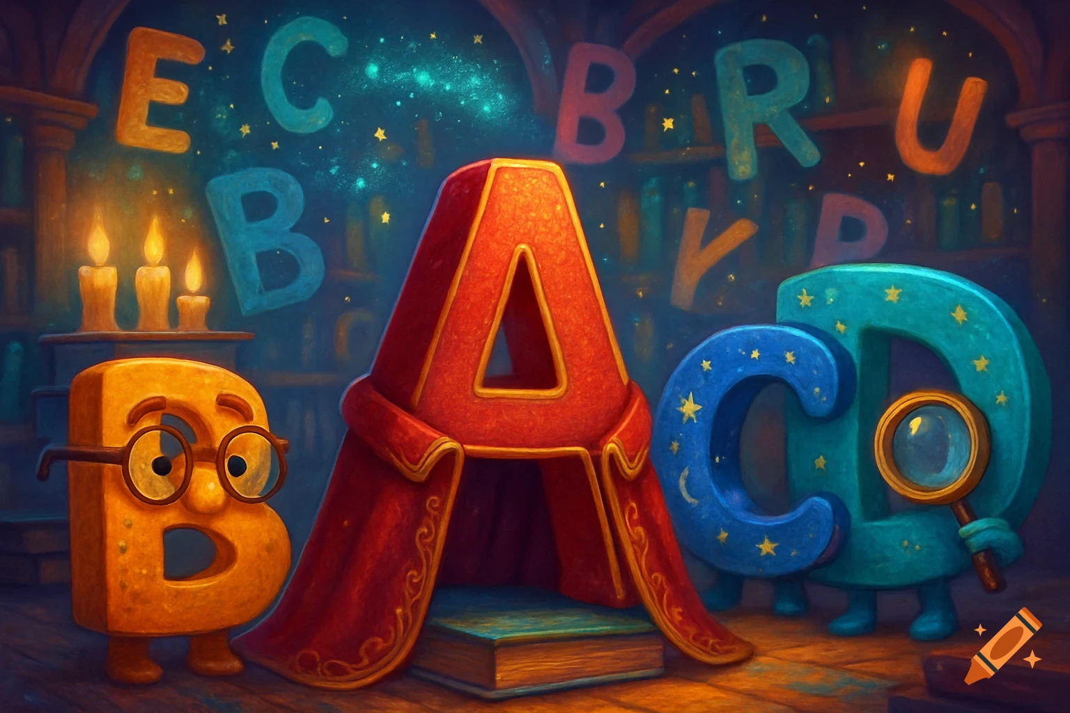 Whimsical illustration of anthropomorphic letters A, B, C, D in a magical library, with floating letters and stars.