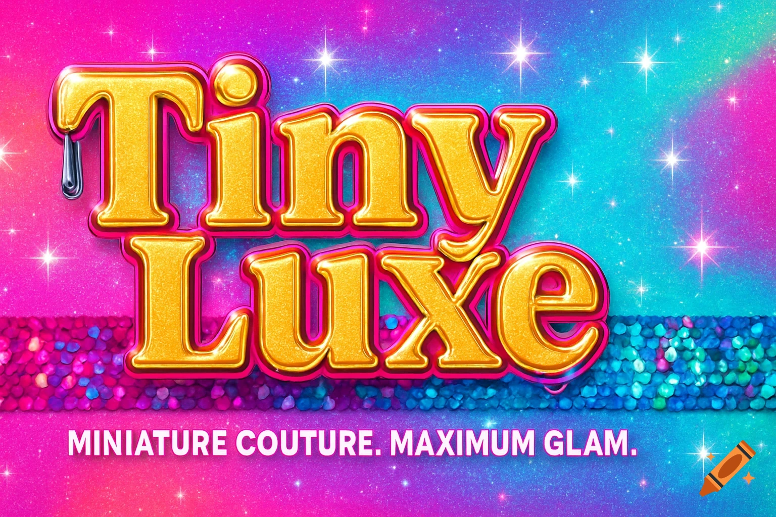 Glamorous Y2K Barbiecore banner with 'Tiny Luxe' in gold 3D text and 'Miniature Couture. Maximum Glam.' tagline on a sparkly neon gradient background.