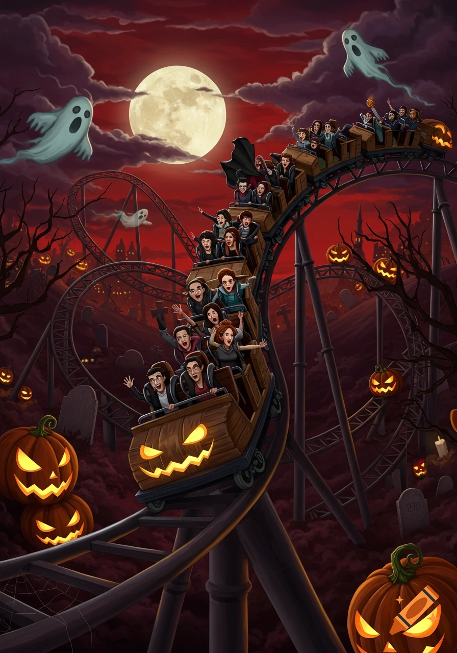 Illustration of people riding a Halloween-themed roller coaster under a full moon, with ghosts and jack-o'-lanterns.