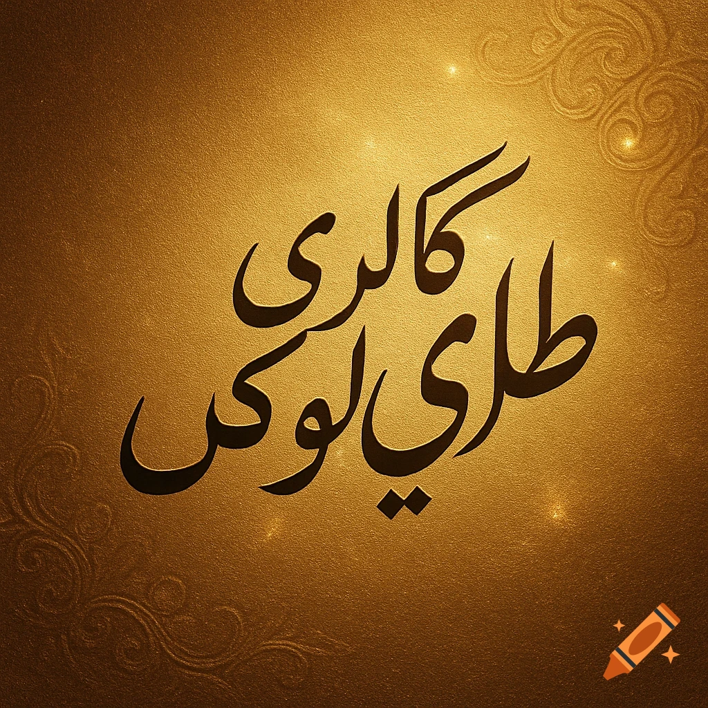 Black Arabic calligraphy spelling "Lux Gold Gallery" on a shimmering gold textured background with subtle decorative swirls.