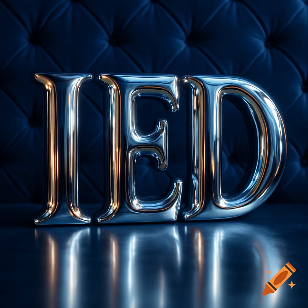 Shiny chrome 3D letters 'IED' on a dark blue tufted background with reflections.