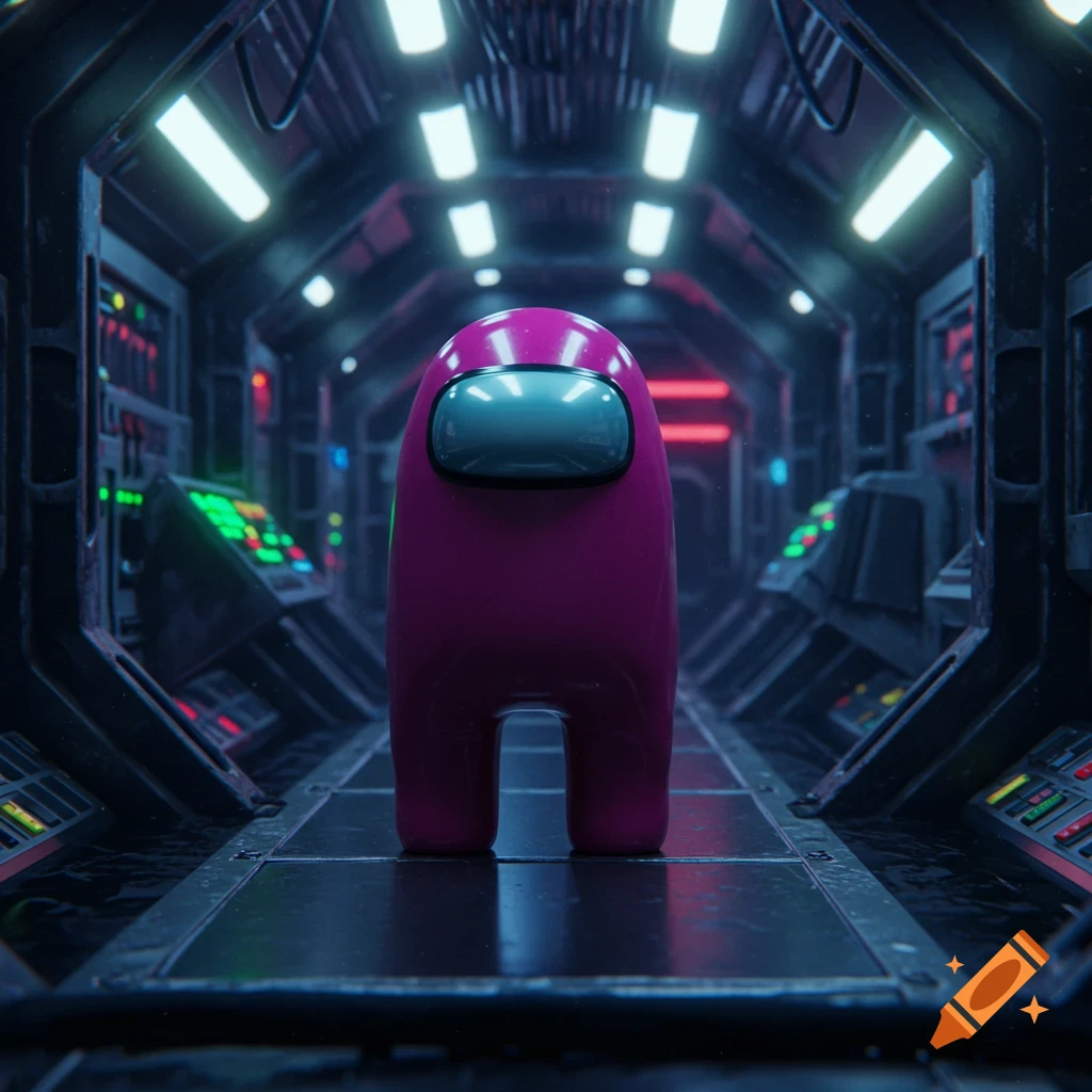 A pink Among Us character stands in a dark, neon-lit sci-fi spaceship corridor.