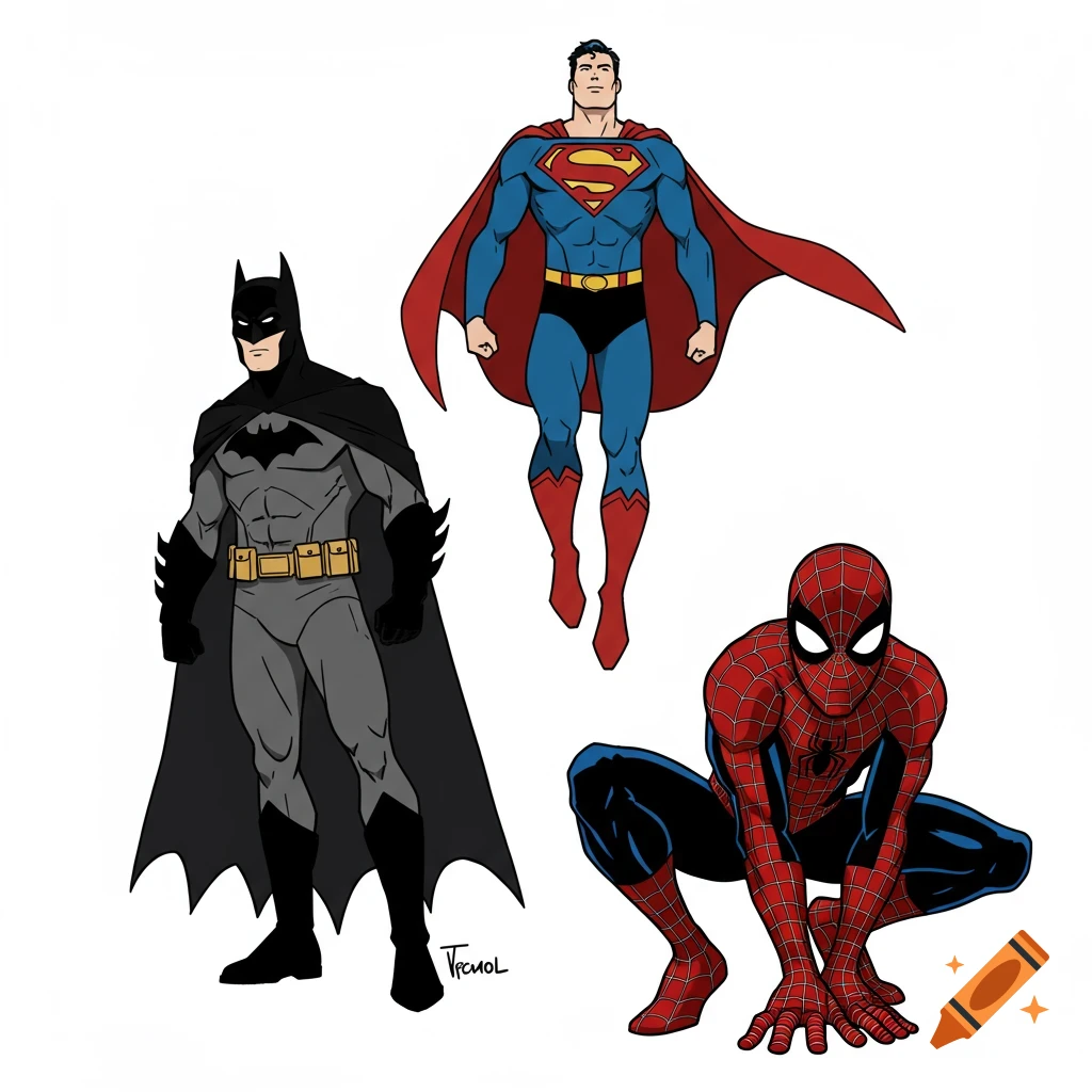 A modern illustration of Batman standing, Superman floating, and Spider-Man crouching on a white background.