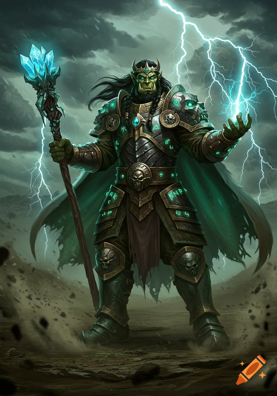 An epic orc wizard in ornate plate armor and crown, holding a crystal staff and casting lightning under a stormy sky.