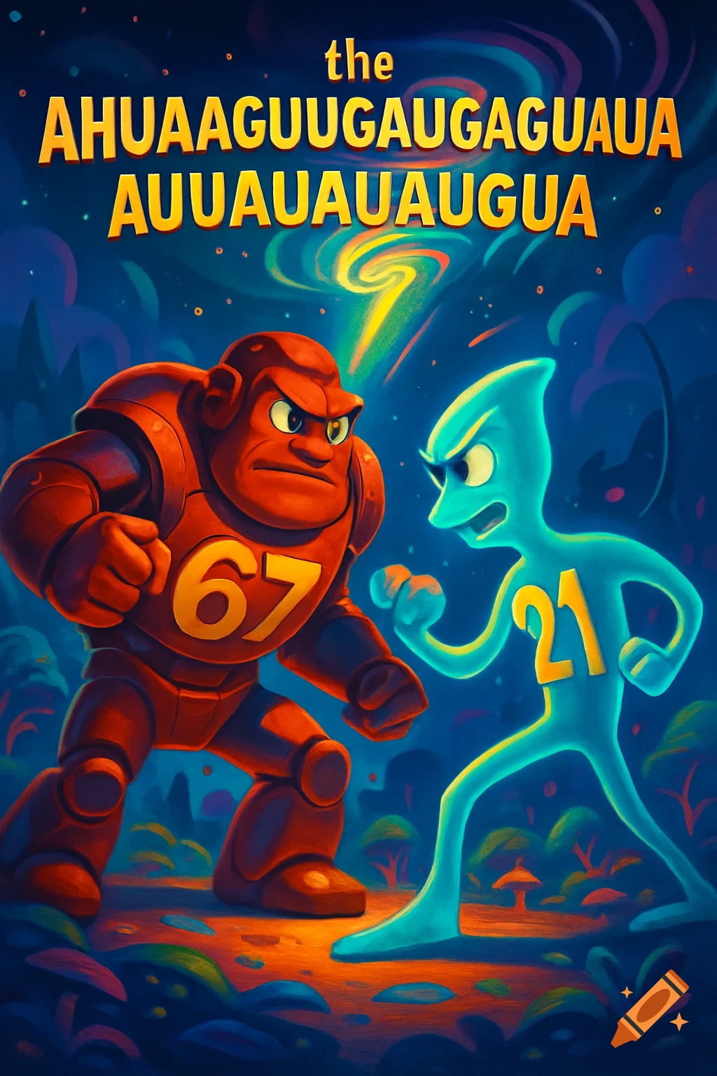 A vibrant cartoon poster features a red robot with '67' and a blue alien with '21' facing off. The title is 'the AHUAAGUUGAUGAGUAHUAUAUAUAUGUA'.
