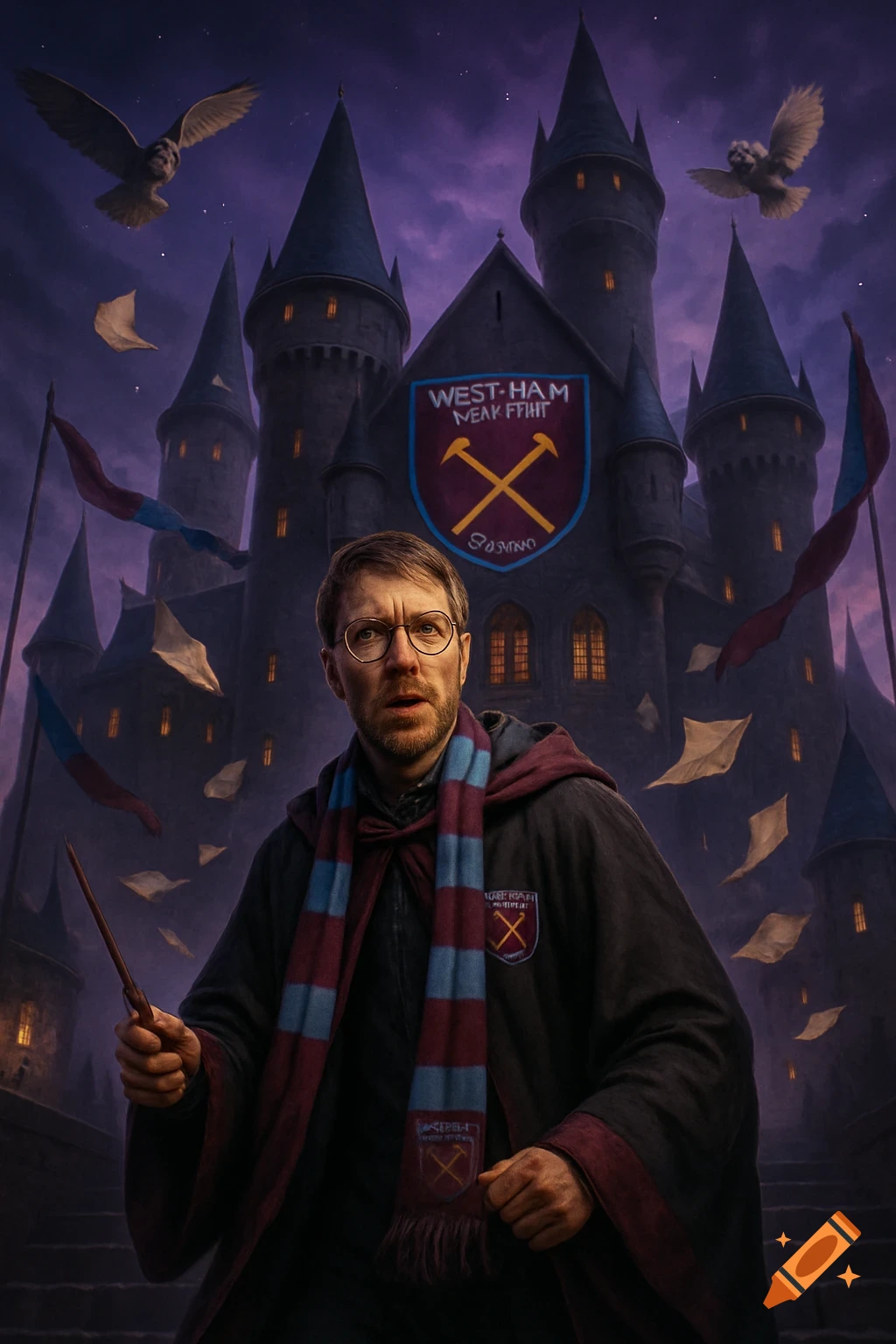A man resembling Harry Potter with a beard and glasses, wearing a wizard robe and a claret and blue striped scarf, stands in front of a Hogwarts-like castle. The castle displays a shield with 'WEST HAM' and crossed hammers. Owls fly in the dark, starry sky.