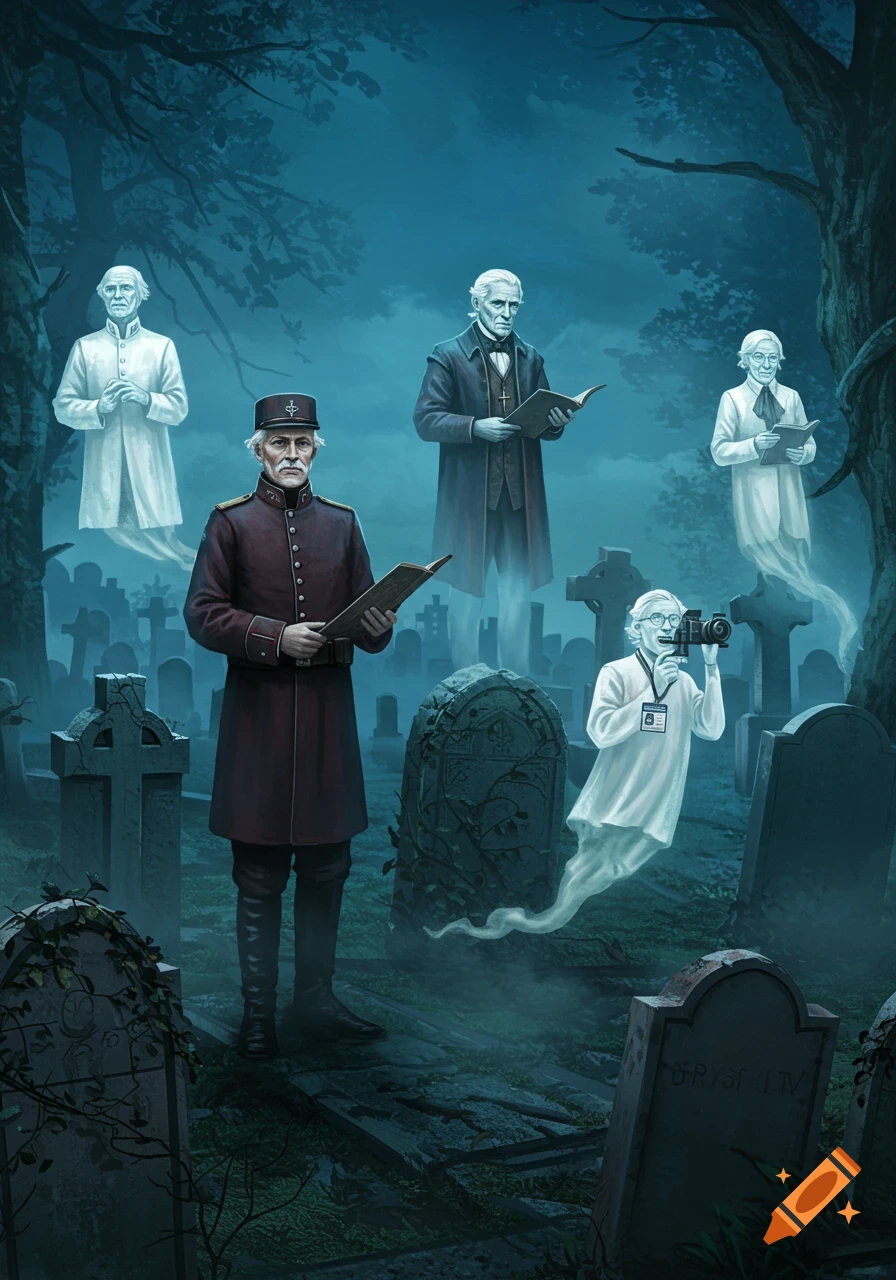 An atmospheric illustration of a graveyard at night, with a man in military uniform standing amongst several translucent white ghosts. One ghost holds a camera.