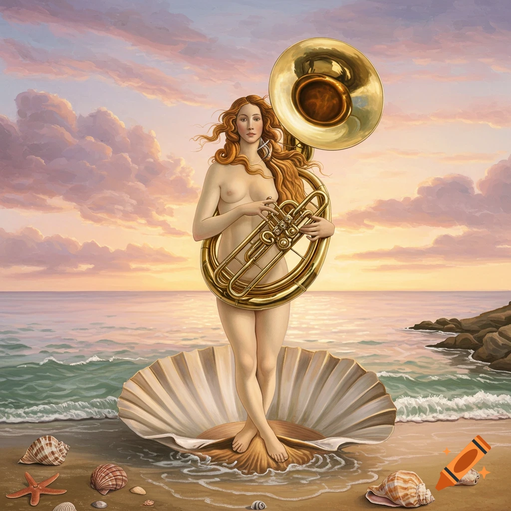Nude Venus with flowing red hair stands on a seashell at a sunset beach, playing a gold tuba in a painterly style.