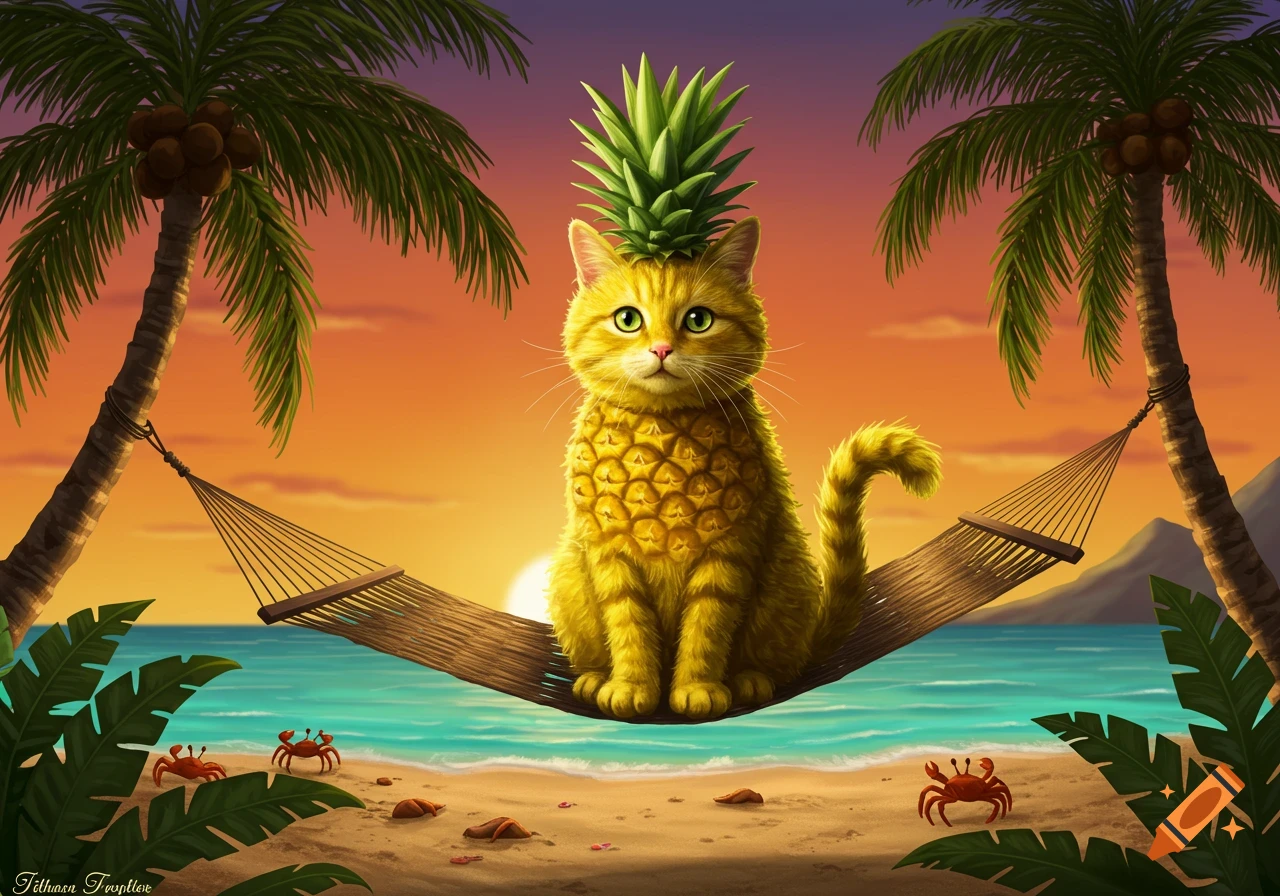 A whimsical cat with a pineapple body and leafy head sits in a hammock on a tropical beach at sunset, with palm trees and crabs.