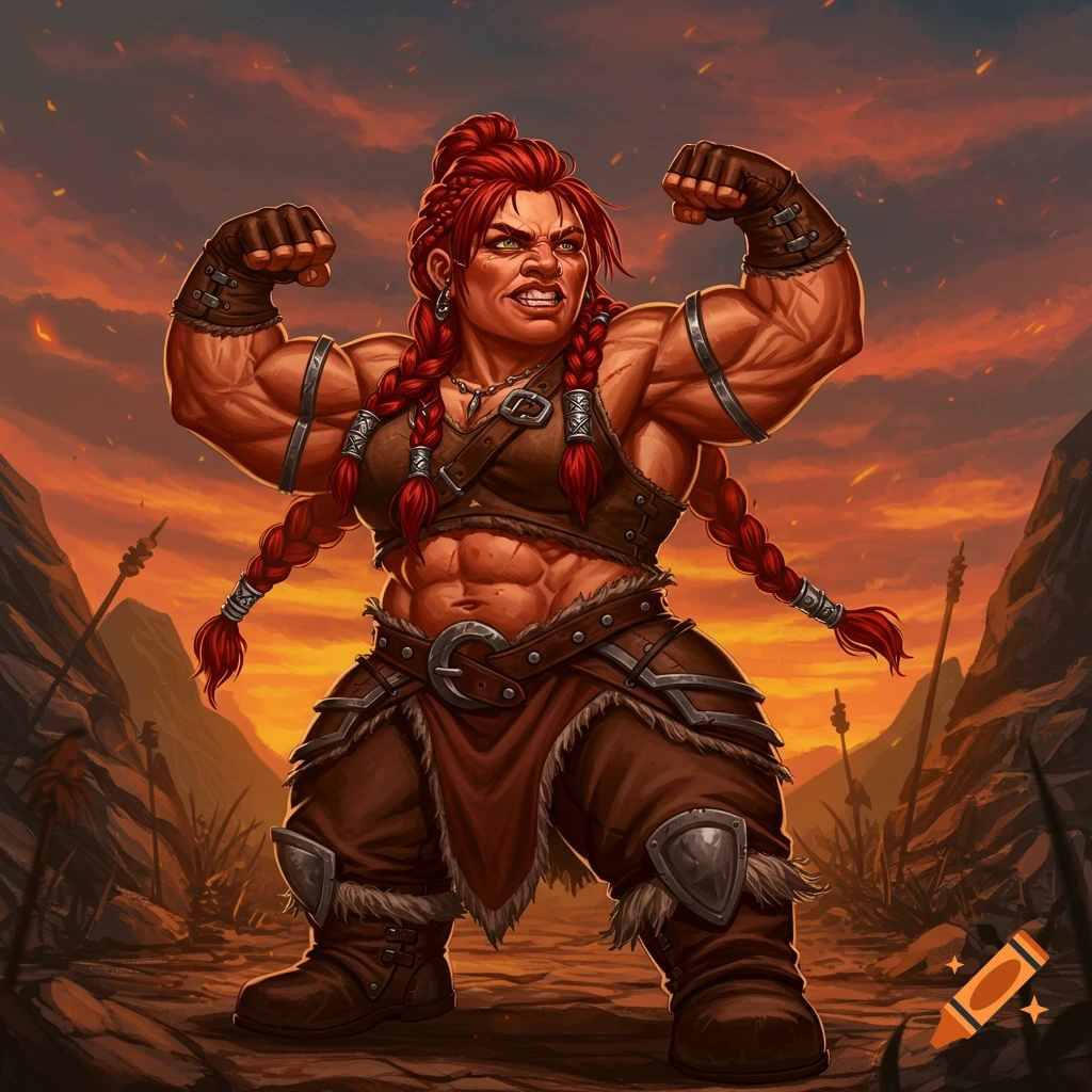 A muscular female dwarf barbarian with red braided hair flexing her biceps in leather armor under a fiery sky, detailed game art style.