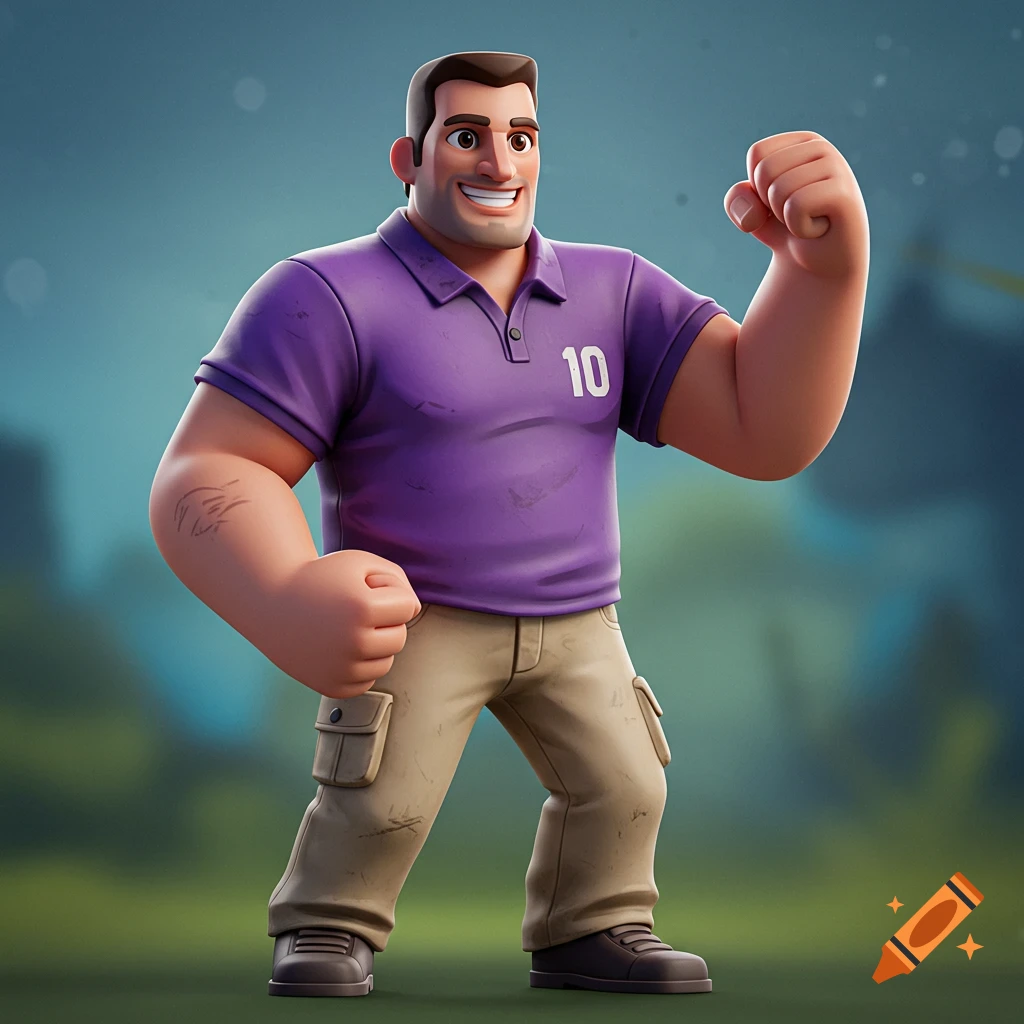 A smiling, muscular 3D cartoon man in a purple polo shirt with '10' and cargo pants, clenching his fists.