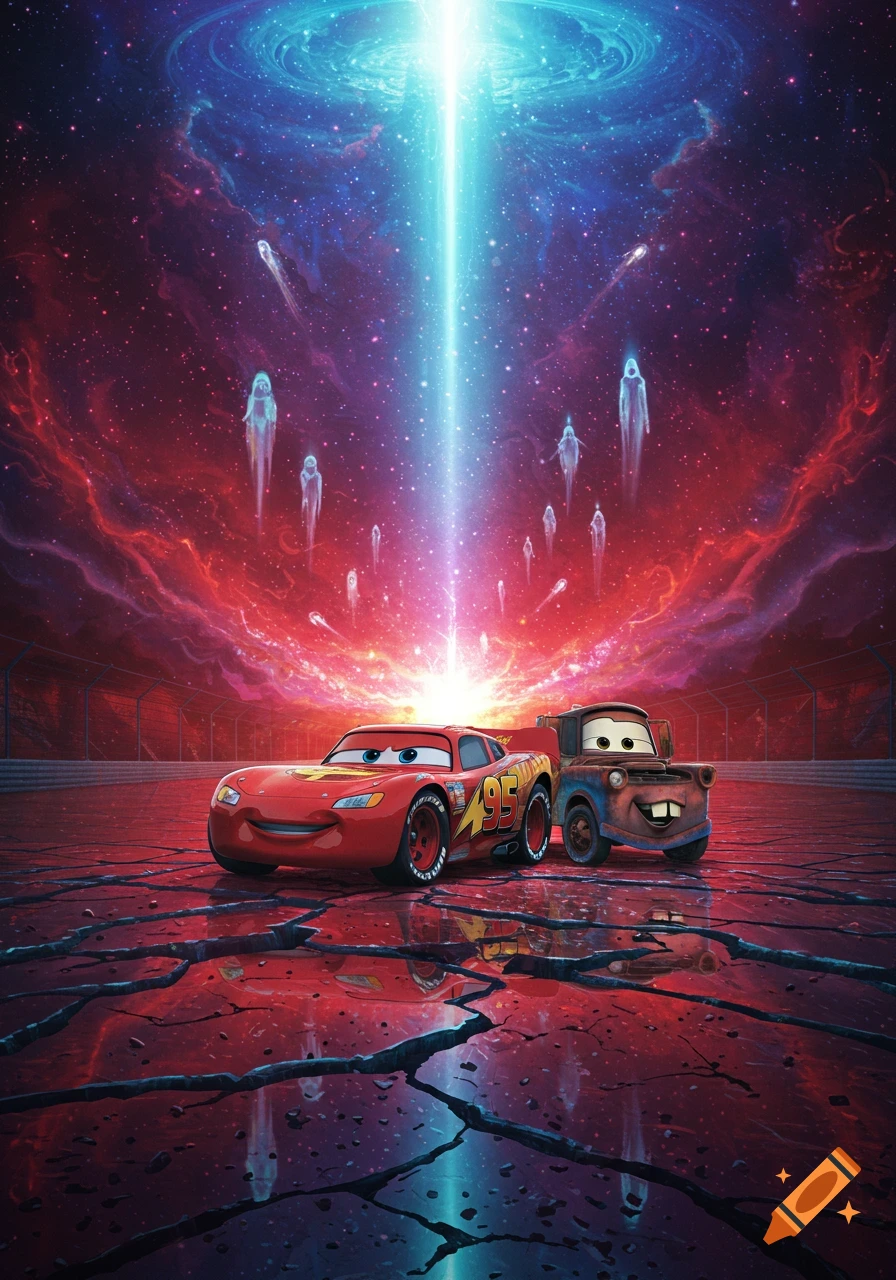 Lightning McQueen and Mater from Cars stand on cracked ground under a cosmic sky with a bright blue light beam and ghostly figures.