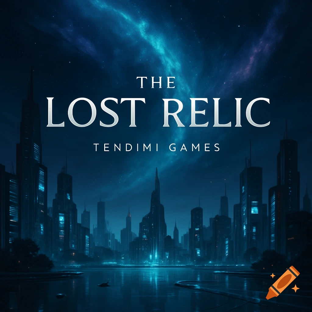 A futuristic cityscape at night with glowing buildings reflected in water, under a vibrant blue and purple cosmic sky, with 'THE LOST RELIC' and 'TENDIMI GAMES' displayed.