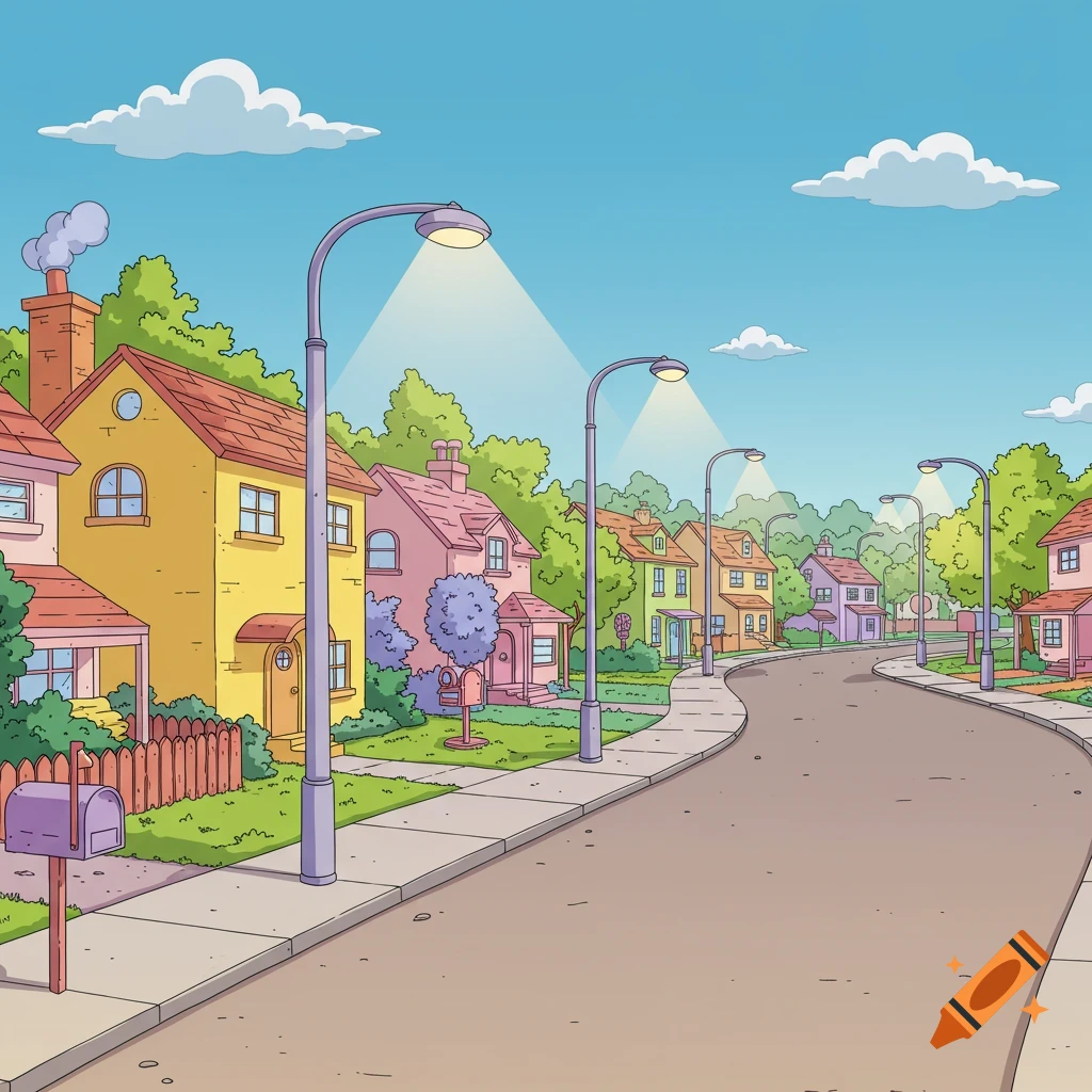 Cartoon street scene with colorful houses, sidewalks, and streetlights under a blue sky in a Simpsons art style.