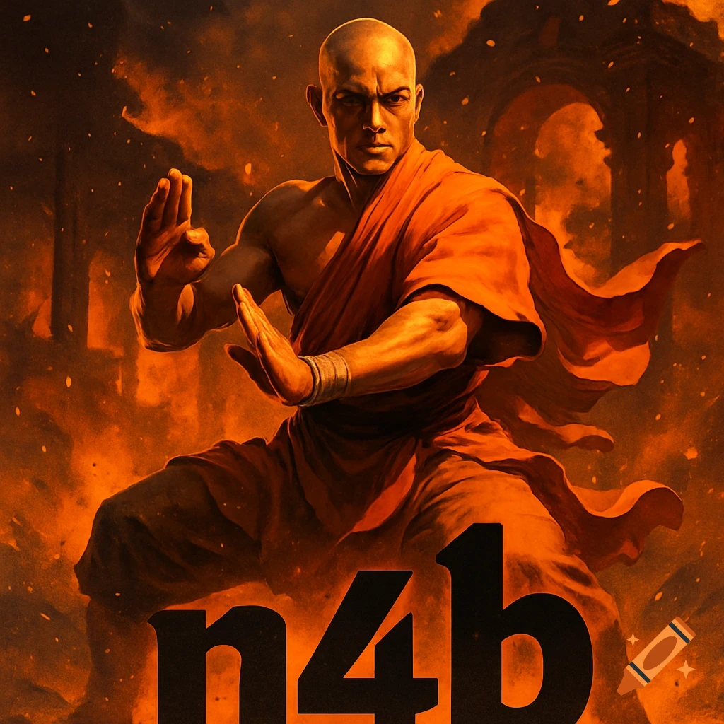 A bald monk in an orange robe strikes a martial arts pose in front of a burning temple, with the text 'n4b' in the foreground. Digital art.