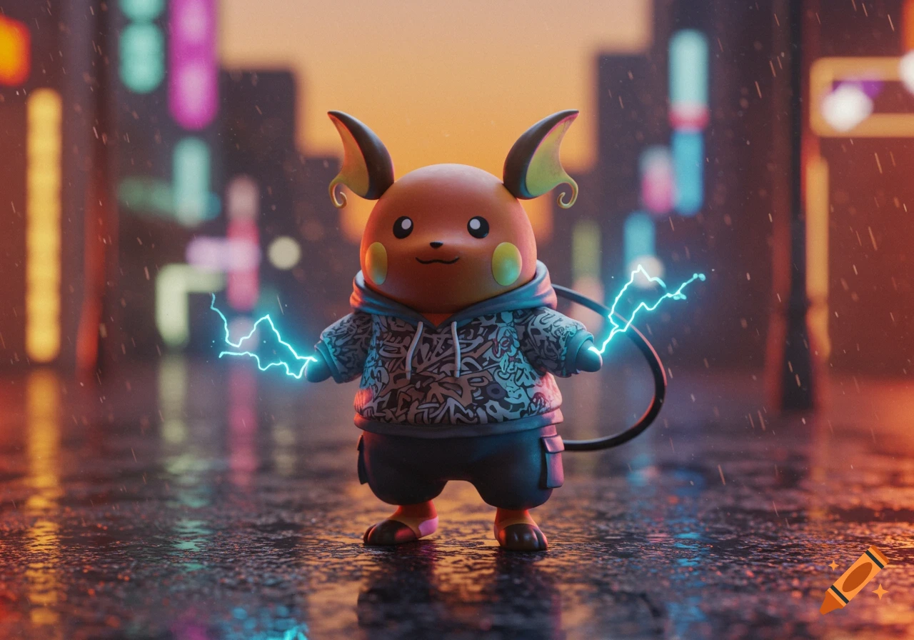 A 3D rendered Raichu wearing a baggy, graffiti-patterned hoodie and cargo pants, generating blue lightning from its hands, stands on a wet street with blurred neon city lights in the background.