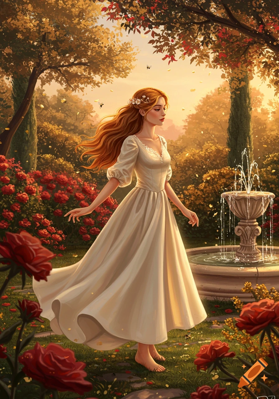 An illustration of a woman with long red hair in a white dress walking barefoot through a vibrant rose garden with a fountain.