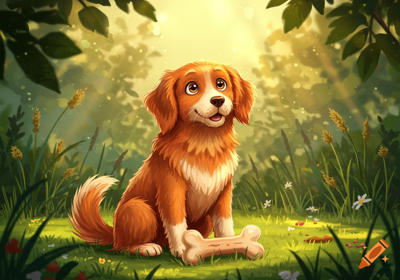 A happy, fluffy ginger cartoon dog sits in a sunny, whimsical forest with a bone.
