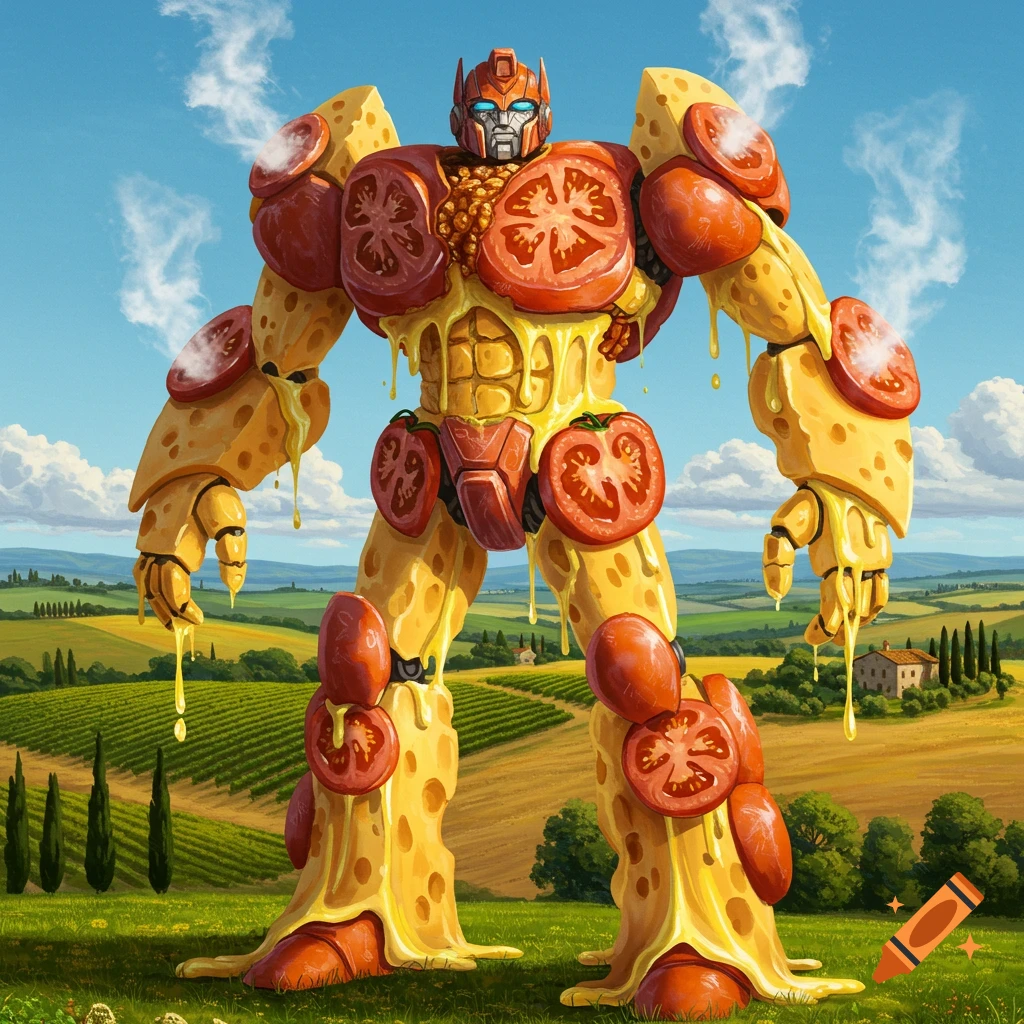 A giant robot, made of Swiss cheese and tomato slices, stands in a sunny Italian vineyard landscape.