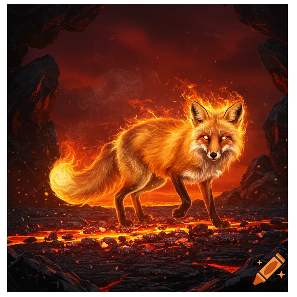 A fiery fox with glowing eyes stands on a volcanic, lava-filled landscape, surrounded by rocks and a red sky, digital painting.