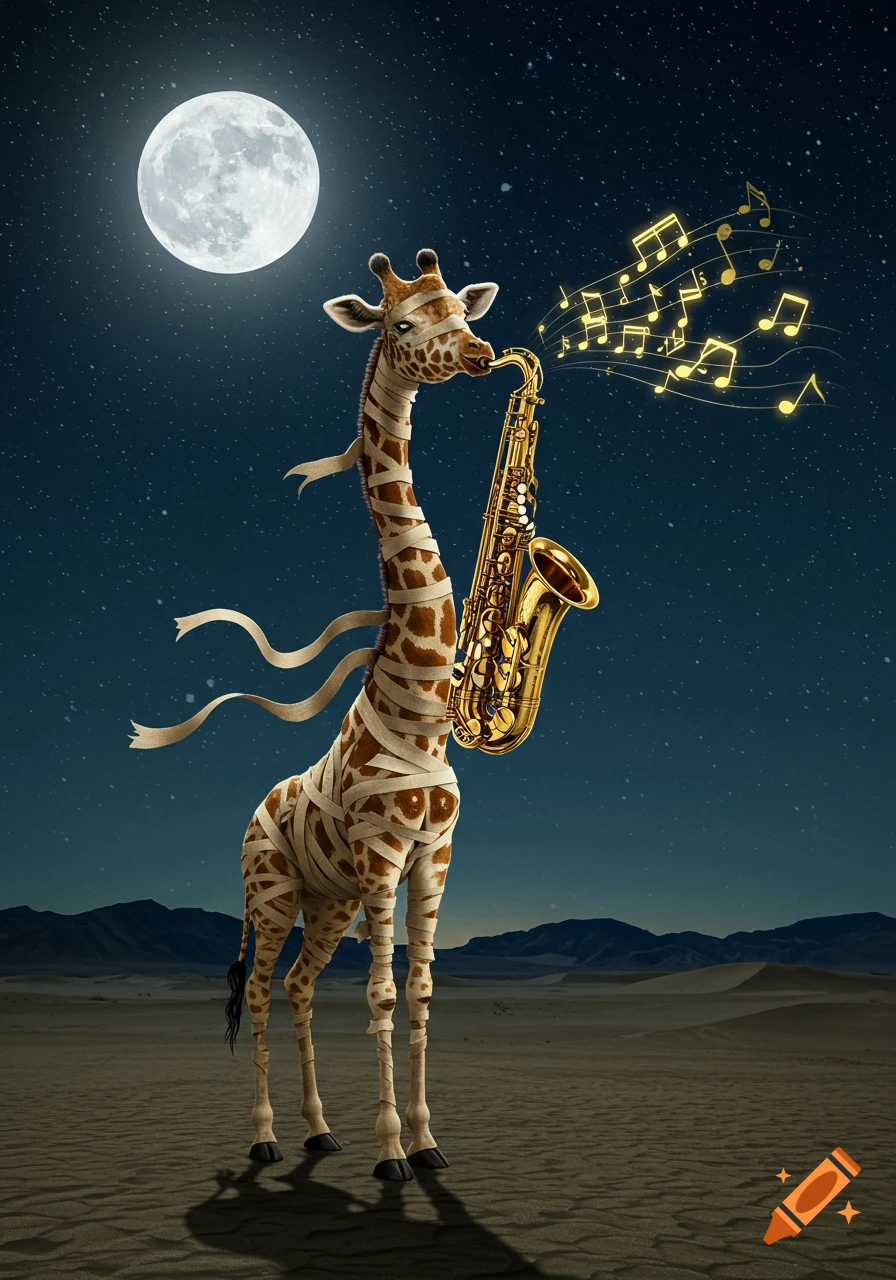 A mummy giraffe plays a golden saxophone under a full moon in a desert, with glowing musical notes floating from it.