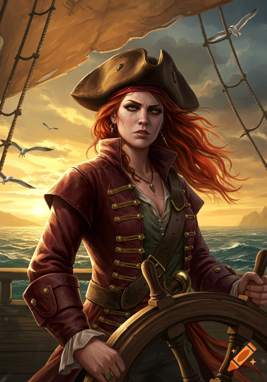 A fierce red-haired female pirate with a scar, wearing a tricorn hat and red coat, steers a ship at sunset. Illustrative.