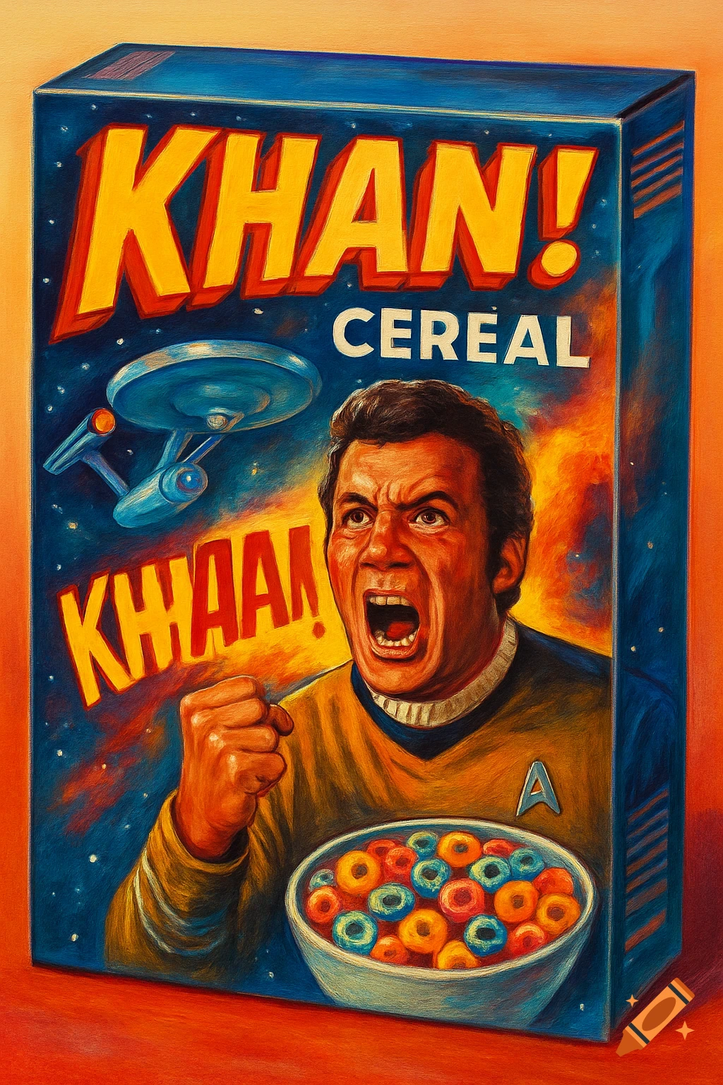 Vibrant illustration of a 'KHAN!' cereal box featuring Captain Kirk shouting, with a Starship Enterprise and a bowl of colorful cereal.
