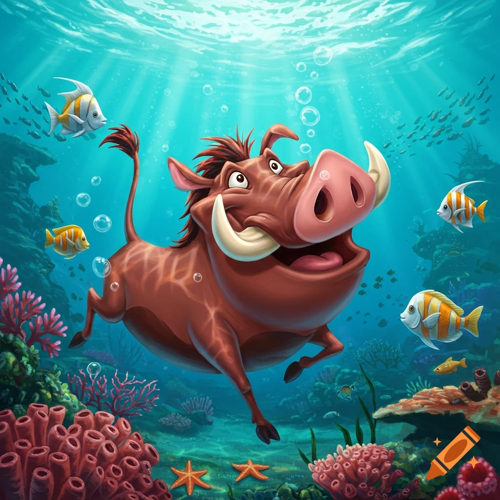A cheerful cartoon warthog, Pumbaa, swims happily underwater among colorful fish and vibrant coral reefs.