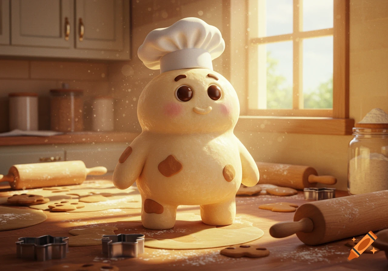 A cute, anthropomorphic dough character wearing a chef hat stands on a flour-dusted kitchen counter with rolling pins and cookie dough, bathed in warm light.