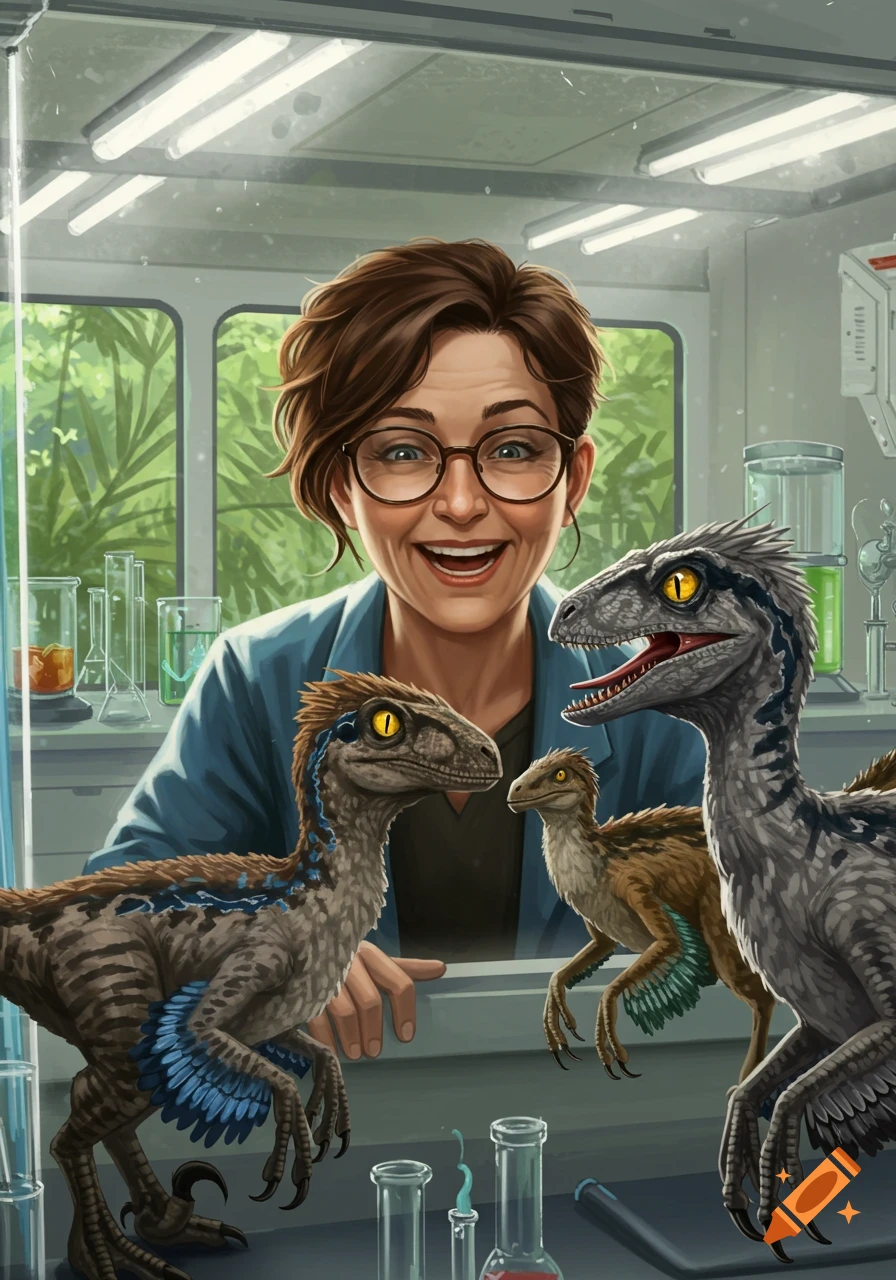 A smiling middle-aged woman with glasses in a lab coat looks at three feathered velociraptors in a bright laboratory.
